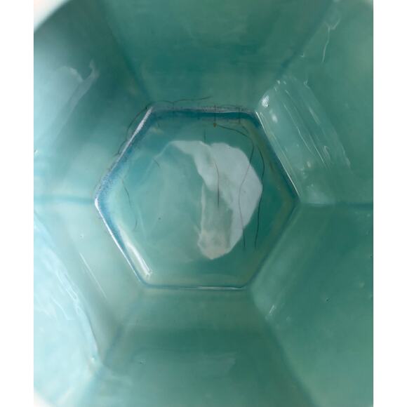 Shawnee USA Late 30s Hexagon Basket Weave Pottery Cookie Jar Aqua Mint Turquoise - Picture 7 of 8